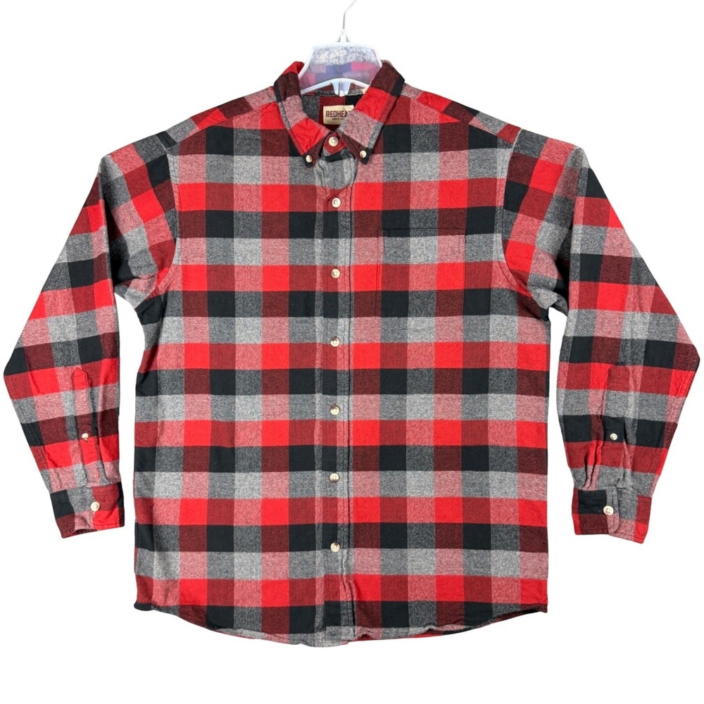 RedHead Mens Large Buffalo Plaid Flannel Shirt‎ Red Black Grey Cotton Gorpcore